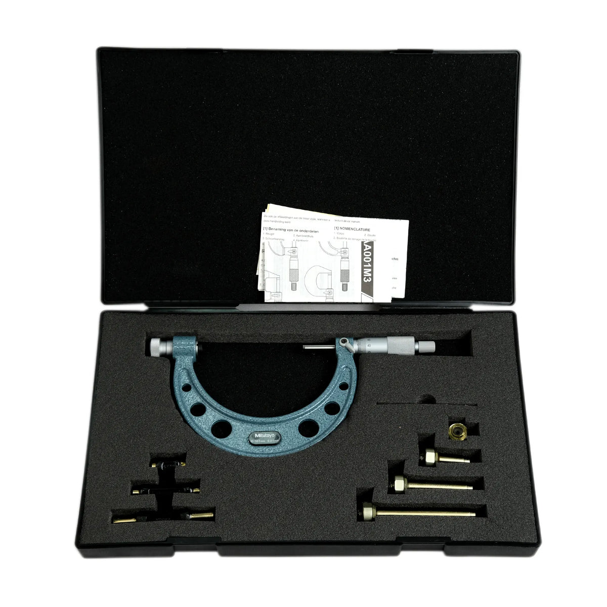 Micrometer set with accessories in a black case on a white background