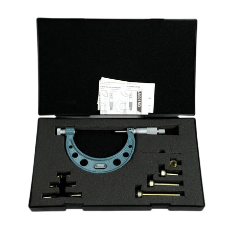 Micrometer set with accessories in a black case on a white background