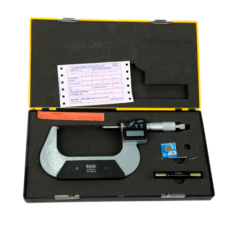 Digital micrometer set with accessories in a black case on a white background