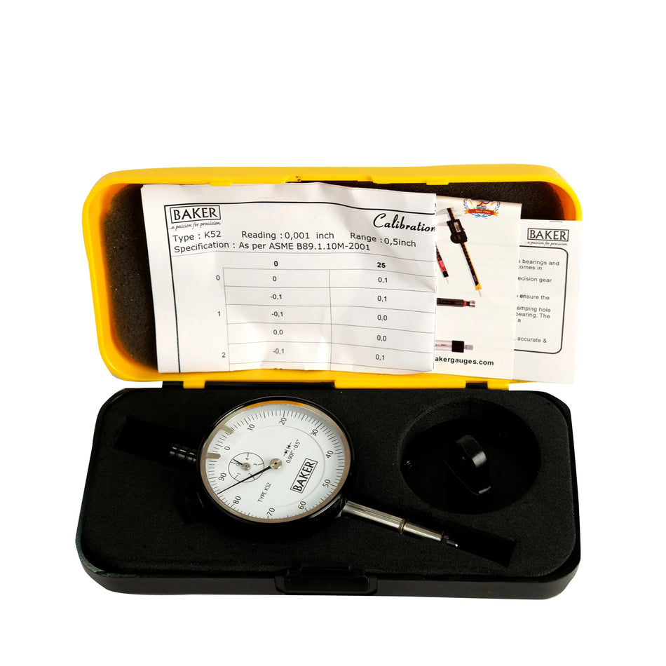 Baker K52 Plunger Type Dial Gauge, Reading 0.001", Range 0.5", Graduation 0-100