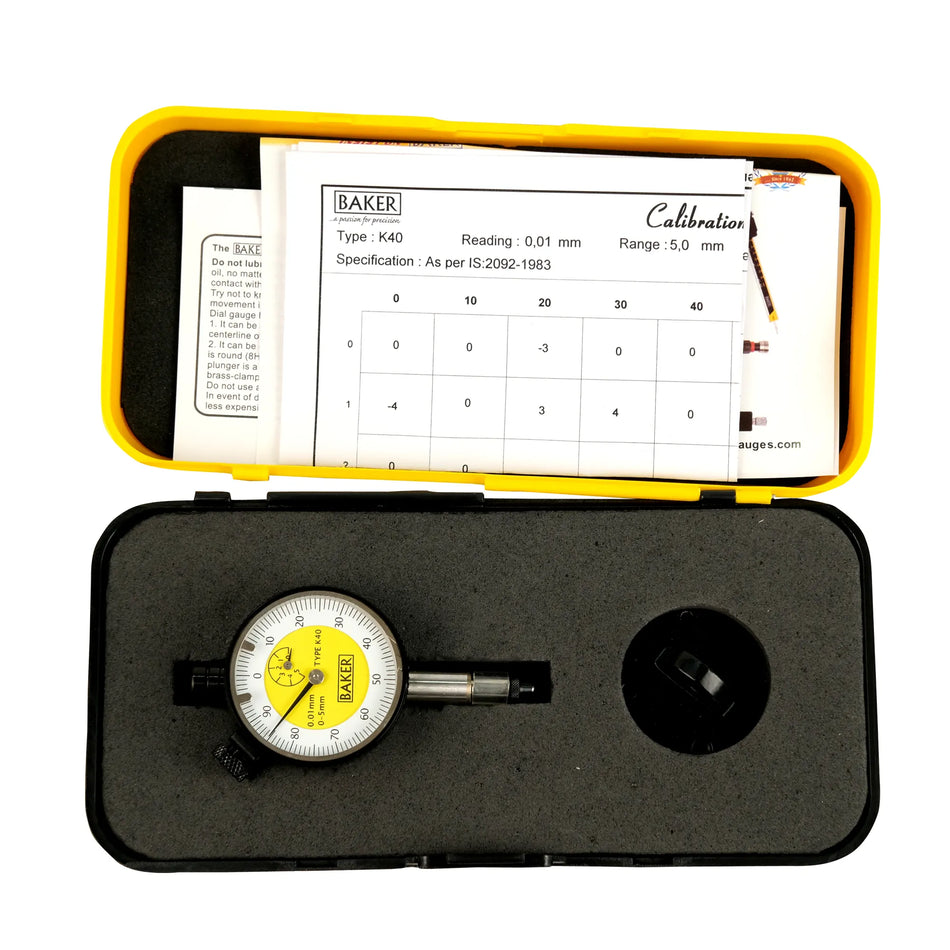 Baker K40 Plunger Type Dial Gauge, Reading 0.01mm, Range 5.0mm, Graduation 0-100