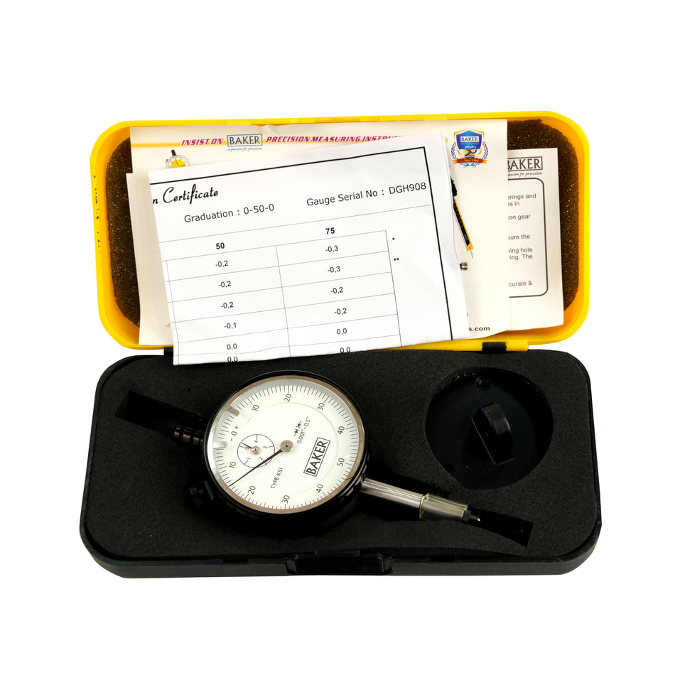 Baker K51 Plunger Type Dial Gauge, Reading 0.001", Range 0.5", Graduation 0-50-0