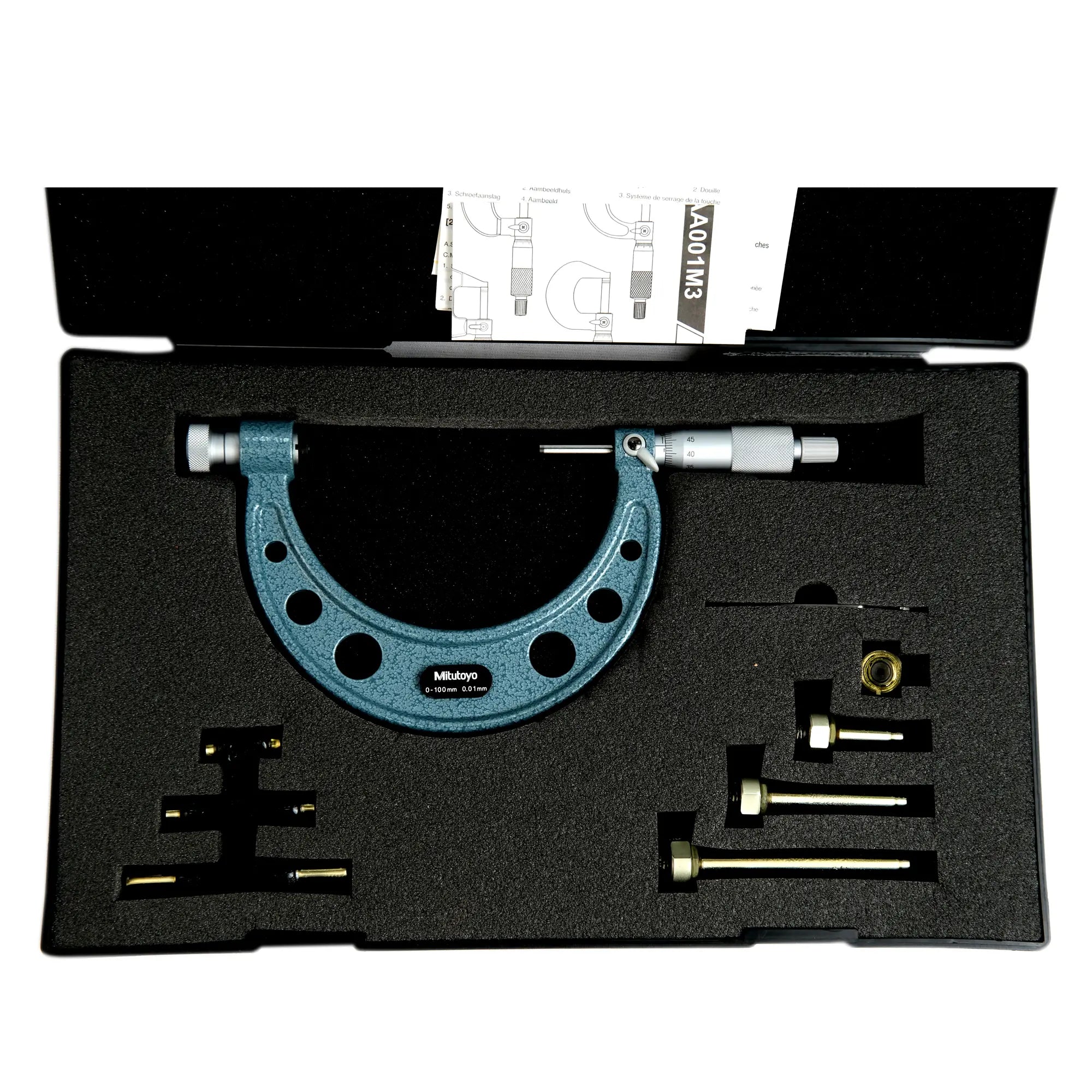 Micrometer set with accessories in a black foam-lined case on a white background