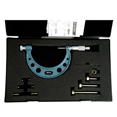 Micrometer set with accessories in a black foam-lined case on a white background