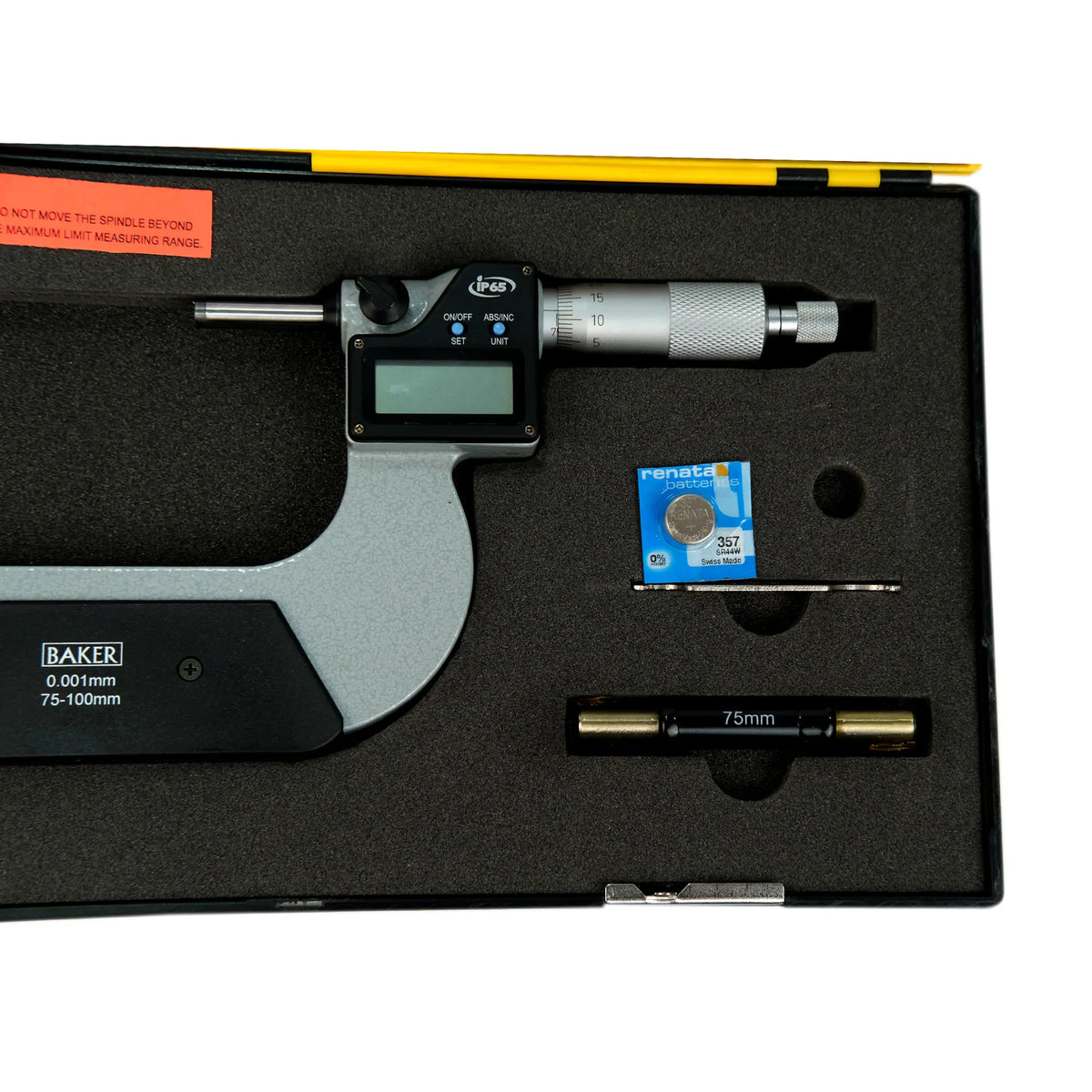 Digital micrometer with accessories on a white background