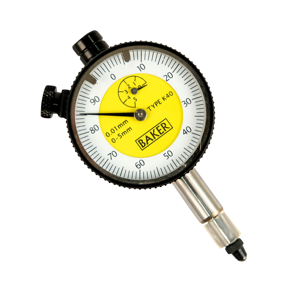 Baker K40 Plunger Type Dial Gage, Reading 0.01mm, Range 5.0mm, Graduation 0-100