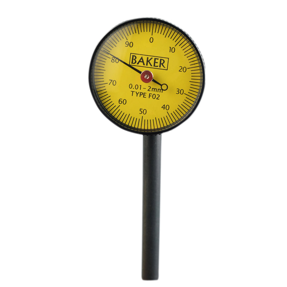 Baker F02 Back Plunger Dial Gage, Reading 0.01mm, Range 2mm, Graduation 0-100