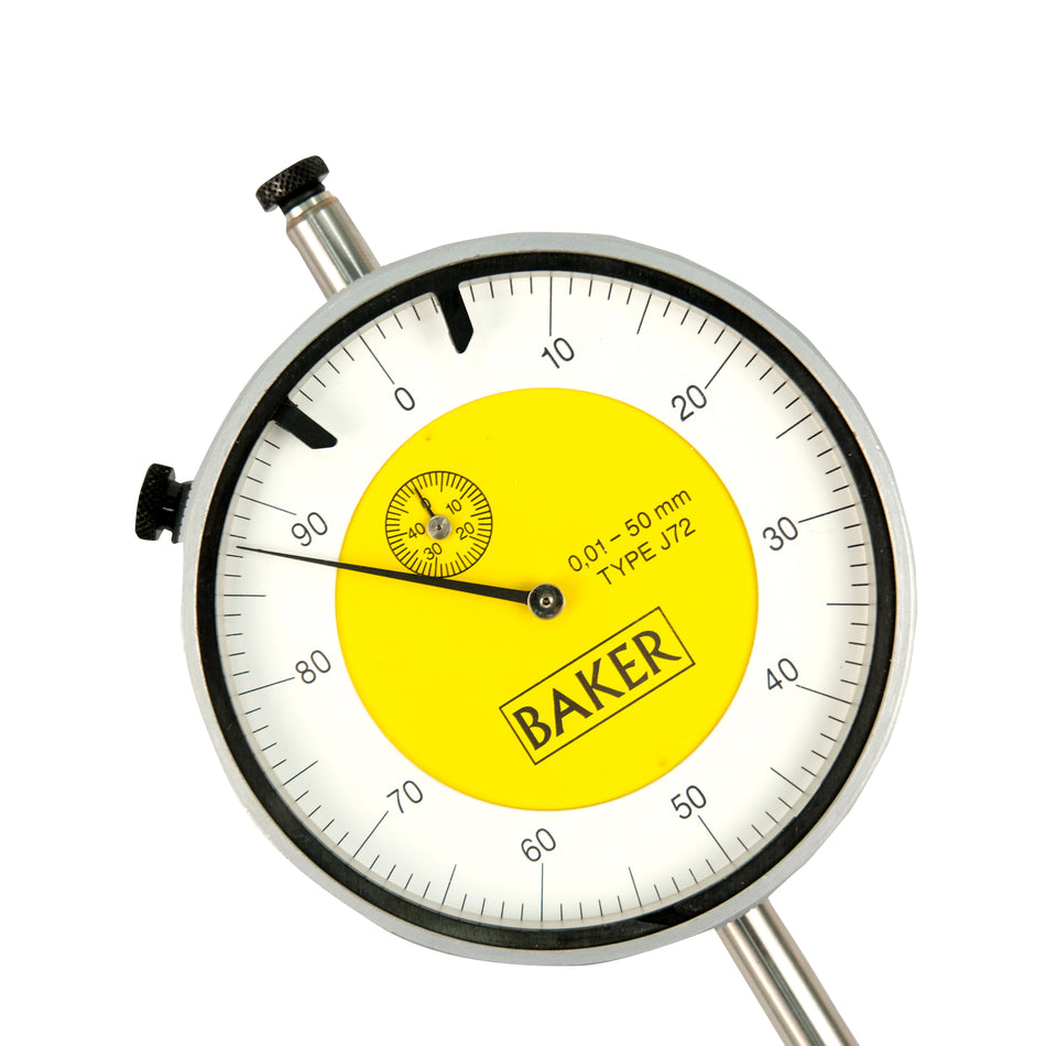 Baker K72 Plunger Type Dial Gage, Reading 0.01mm, Range 50mm, Graduation 0-100