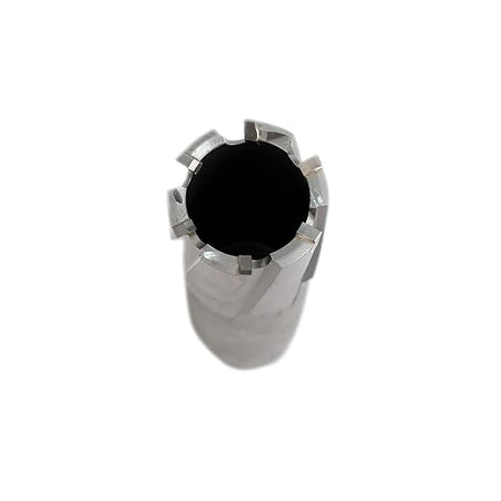 Metallic cylindrical object with a central black component on a white background