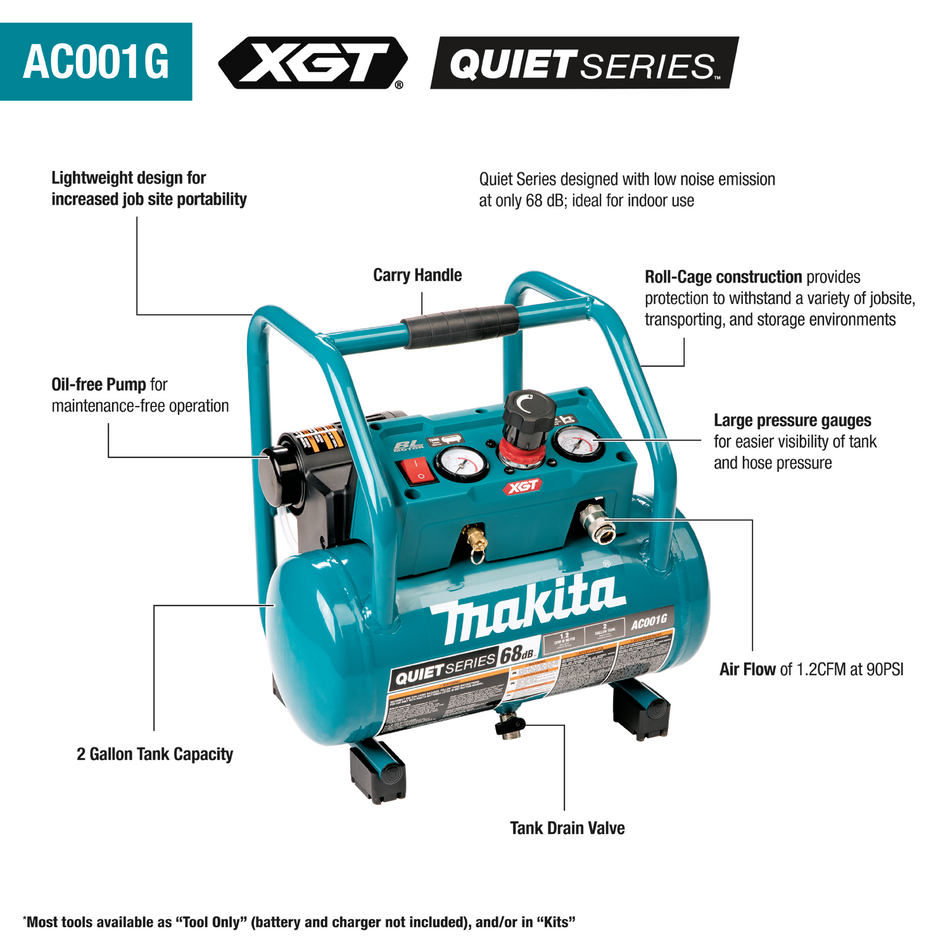 Makita AC001GZ Brushless Cordless 2 Gallon Quiet Series Compressor, Tool Only