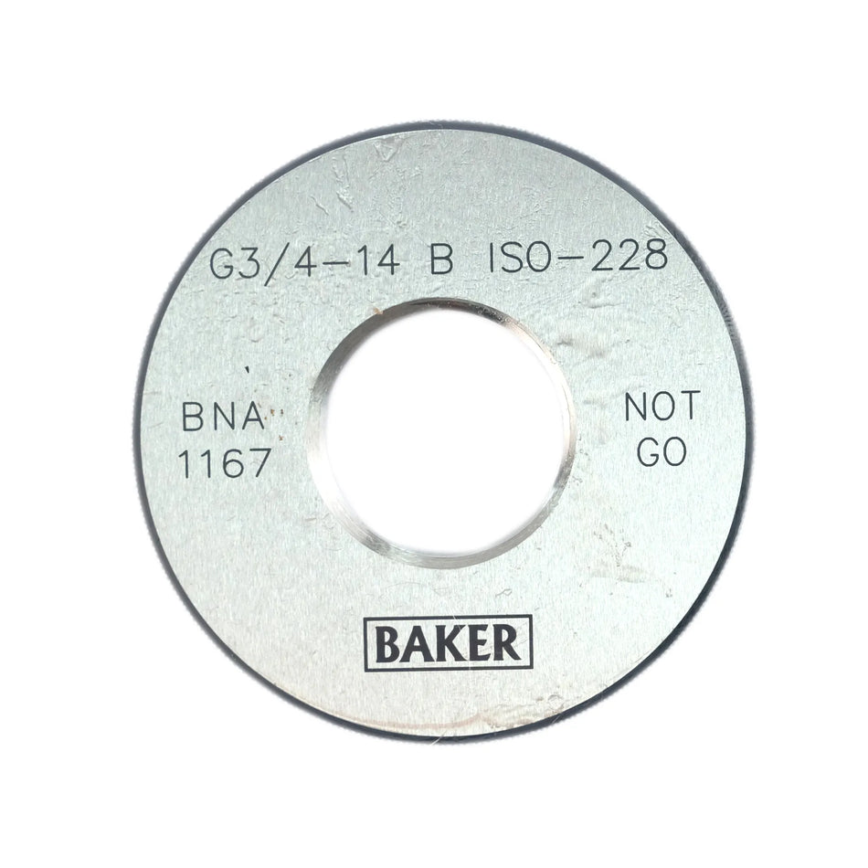 A circular metal shim or spacer with a central hole, featuring printed specifications 'G3/4-14 B ISO-228', 'BNA 1167', 'NOT GO', and the 'BAKER' brand logo at the bottom, on a plain white background.