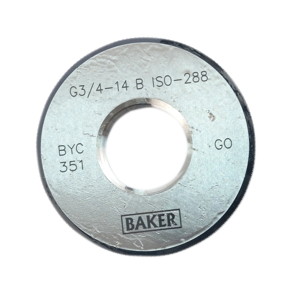 A circular metal bearing or spool component with a central hole, featuring printed specifications 'G3/4-14 B ISO-288', 'BYC 351', 'GO', and the brand 'BAKER' at the bottom, on a white background.