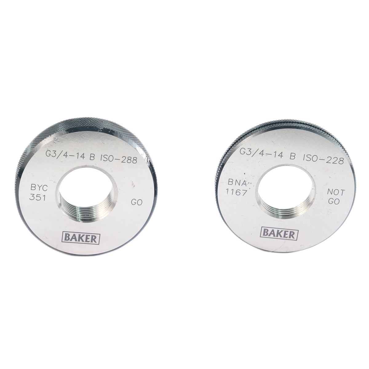 Two metallic threaded adapter rings on a plain white background, each engraved with specifications and the BAKER brand name.