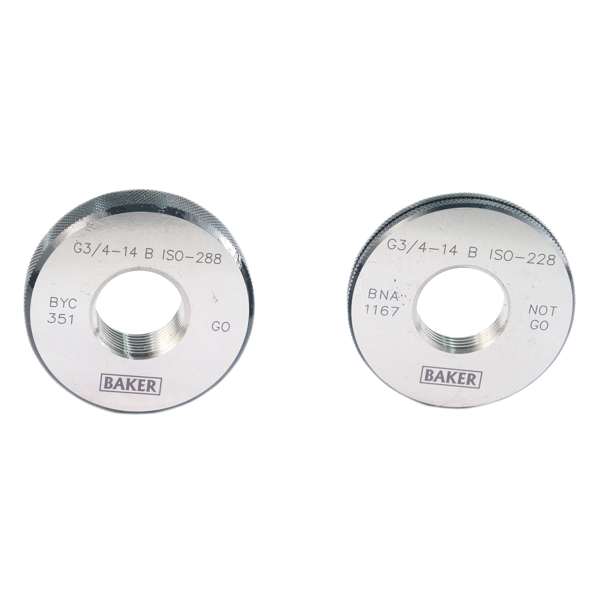 Two metallic threaded adapter rings on a plain white background, each engraved with specifications and the BAKER brand name.