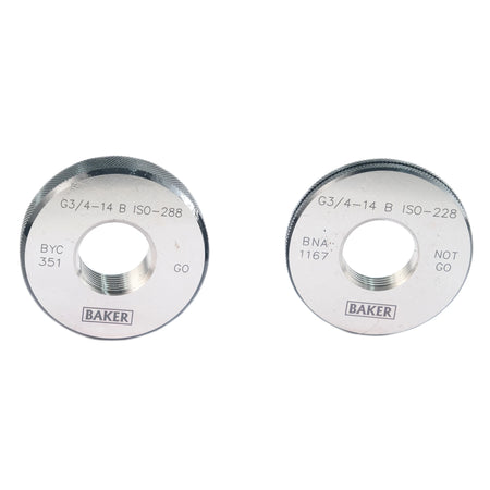 Two metallic threaded adapter rings on a plain white background, each engraved with specifications and the BAKER brand name.