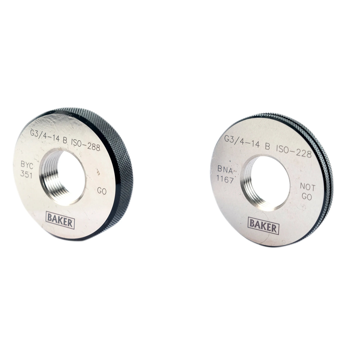 Two Baker brand stainless steel threaded coupling rings, one with a knurled black textured edge and one with a smooth silver edge, both showing technical specifications and the Baker logo.
