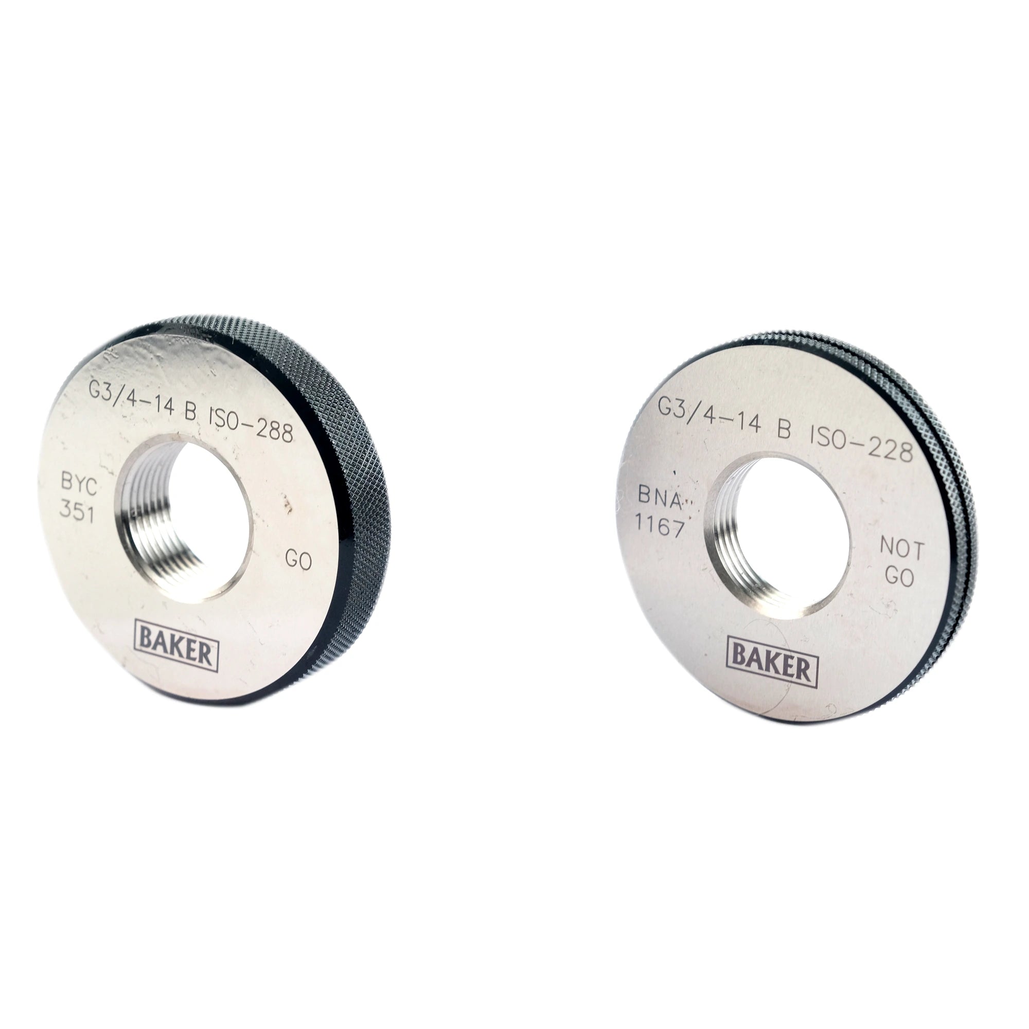 Two Baker brand stainless steel threaded coupling rings, one with a knurled black textured edge and one with a smooth silver edge, both showing technical specifications and the Baker logo.