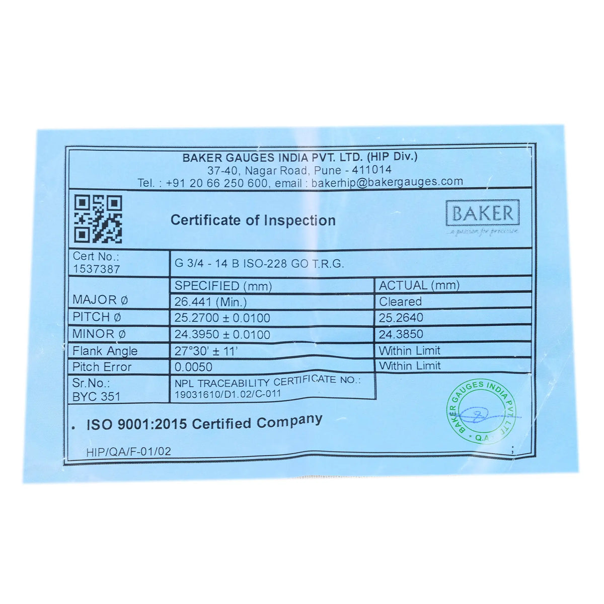 A light blue Certificate of Inspection card from Baker Gauges India Pvt. Ltd.
