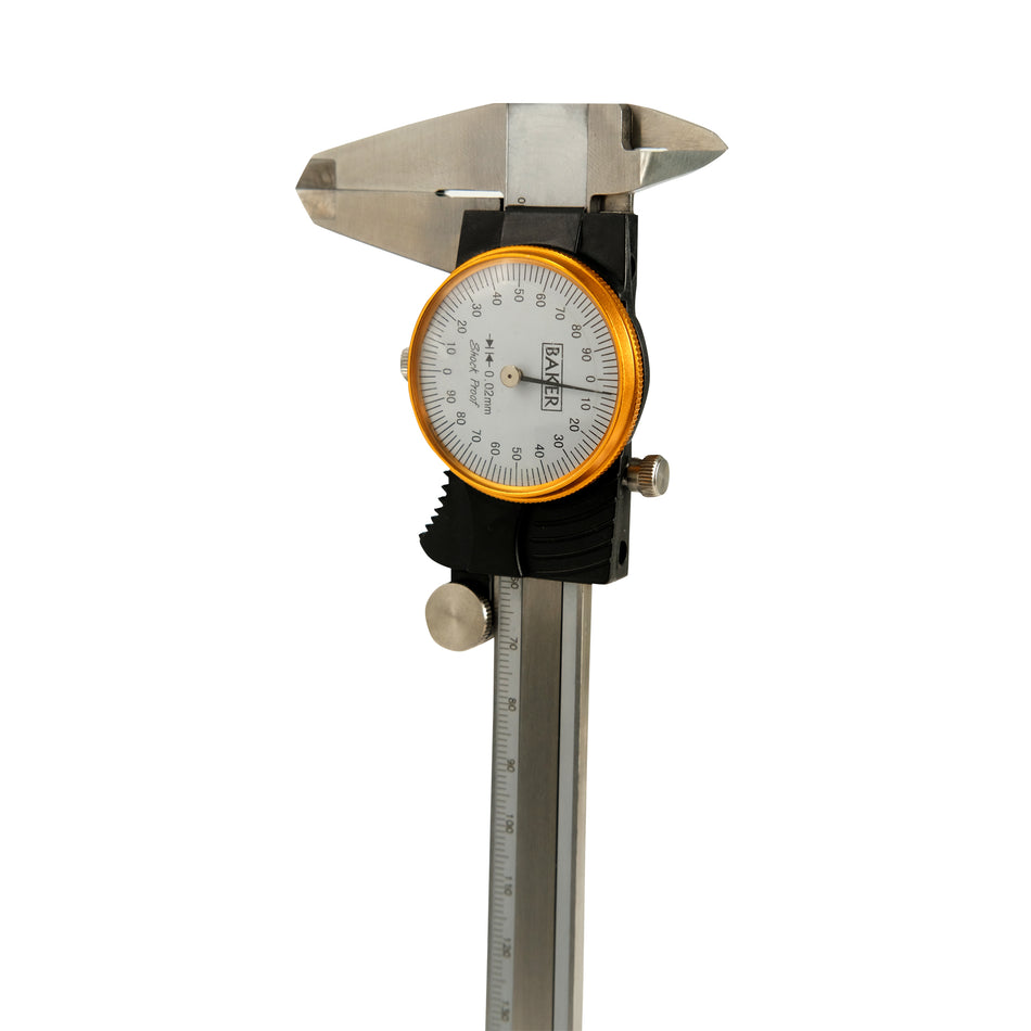 A dial vernier caliper with a yellow and black dial, stainless steel body and a range of 0-150mm.