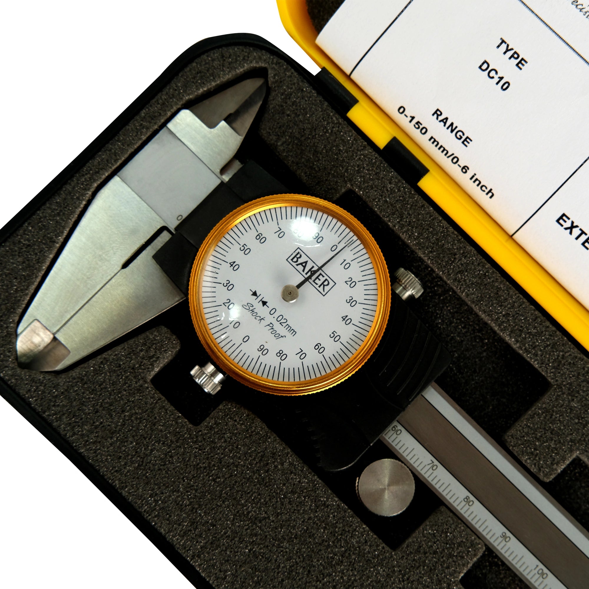 Dial indicator and vernier caliper in a foam-lined case with a white background