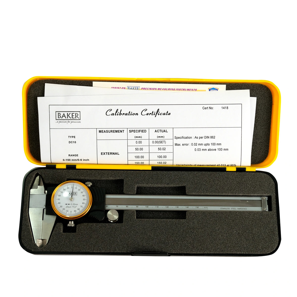 Caliper with calibration certificate in a yellow case on a white background