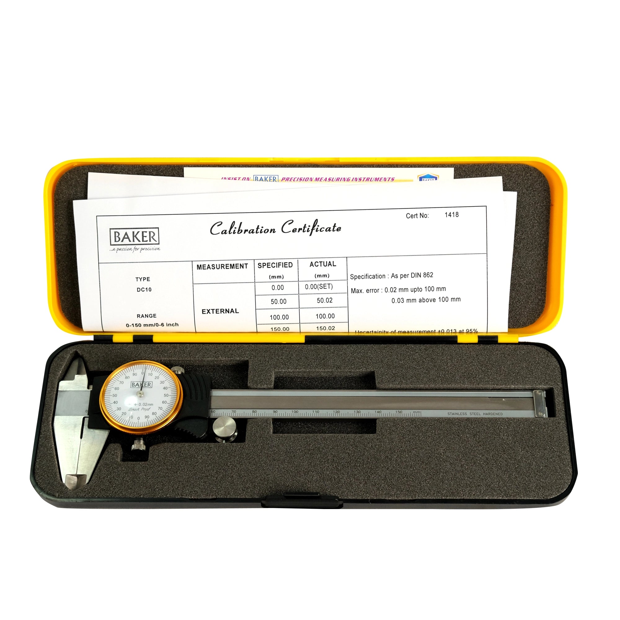 Dial indicator with calibration certificate in open case on white background