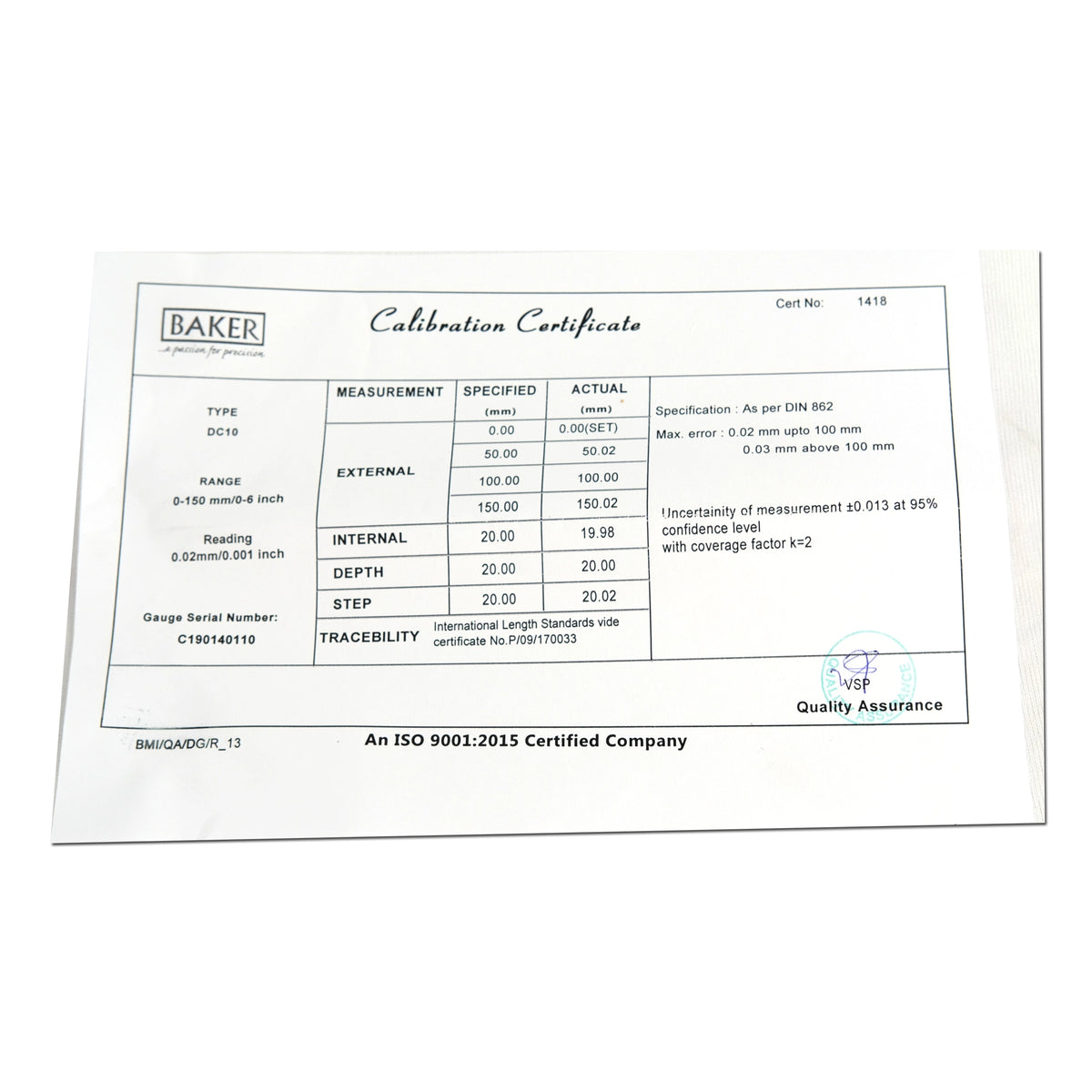 Calibration certificate from Baker on a white background