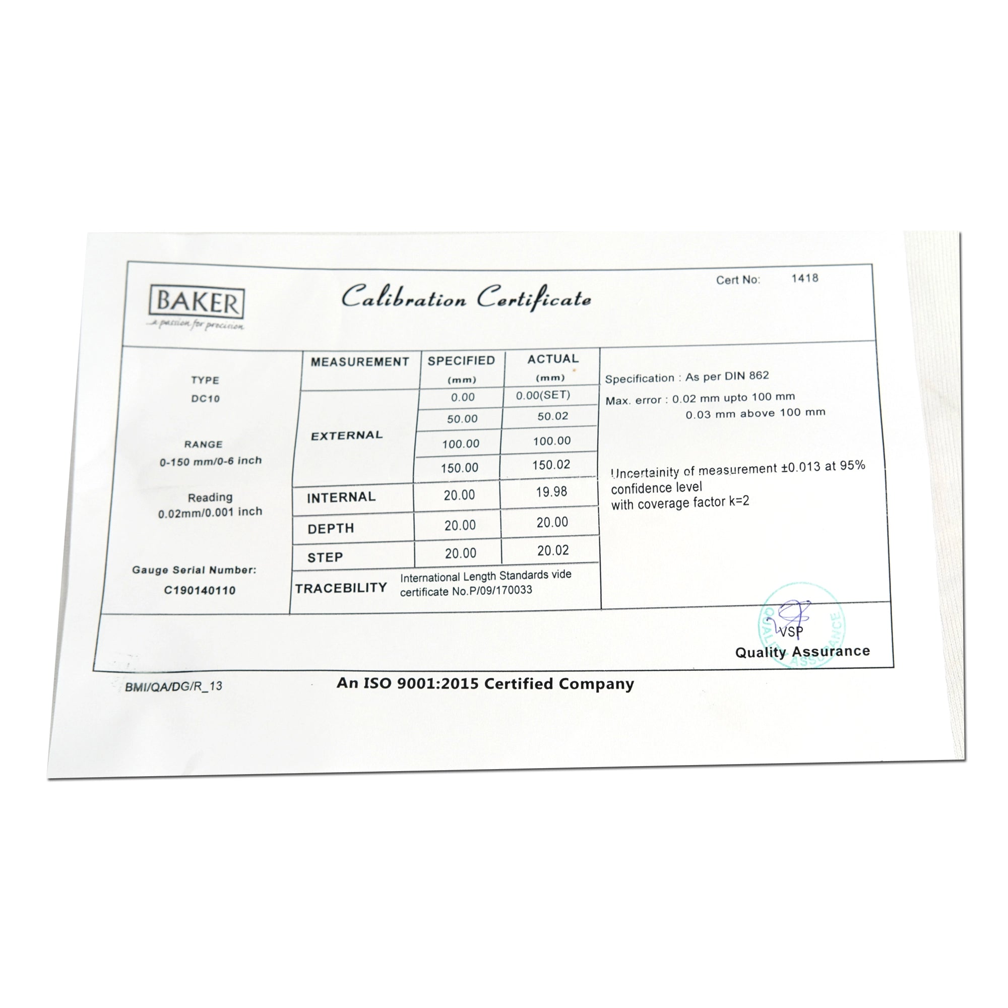 Calibration certificate from Baker on a white background