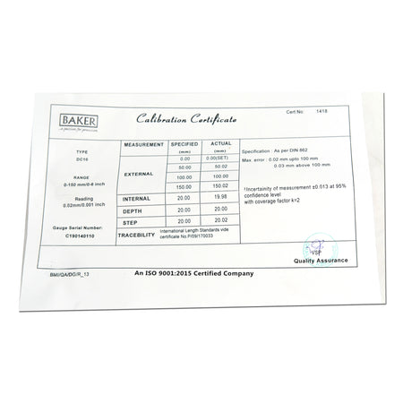 Calibration certificate from Baker on a white background