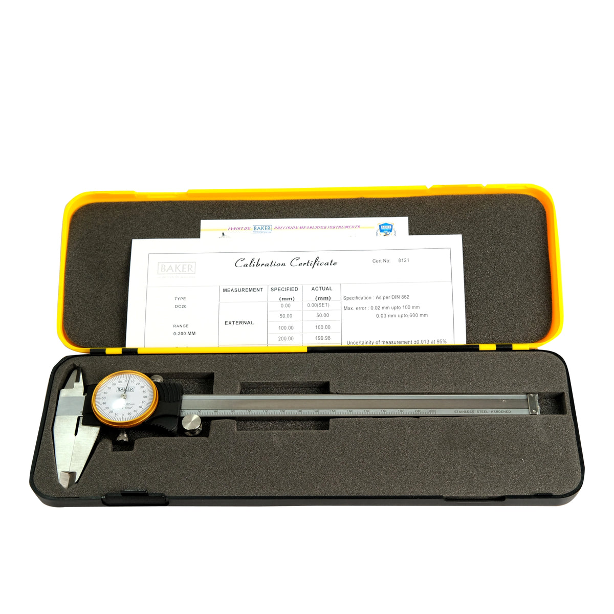 Caliper with calibration certificate in a yellow and black case on a white background