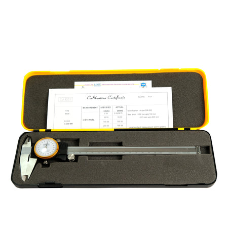 Caliper with calibration certificate in a yellow and black case on a white background