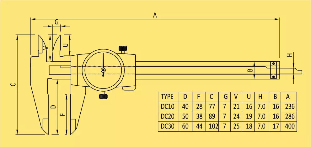 Technical drawing of a vernier caliper with measurement details on a yellow background