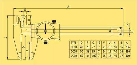 Technical drawing of a vernier caliper with measurement details on a yellow background