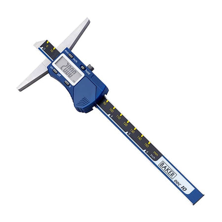 Digital vernier caliper with blue casing on a white background