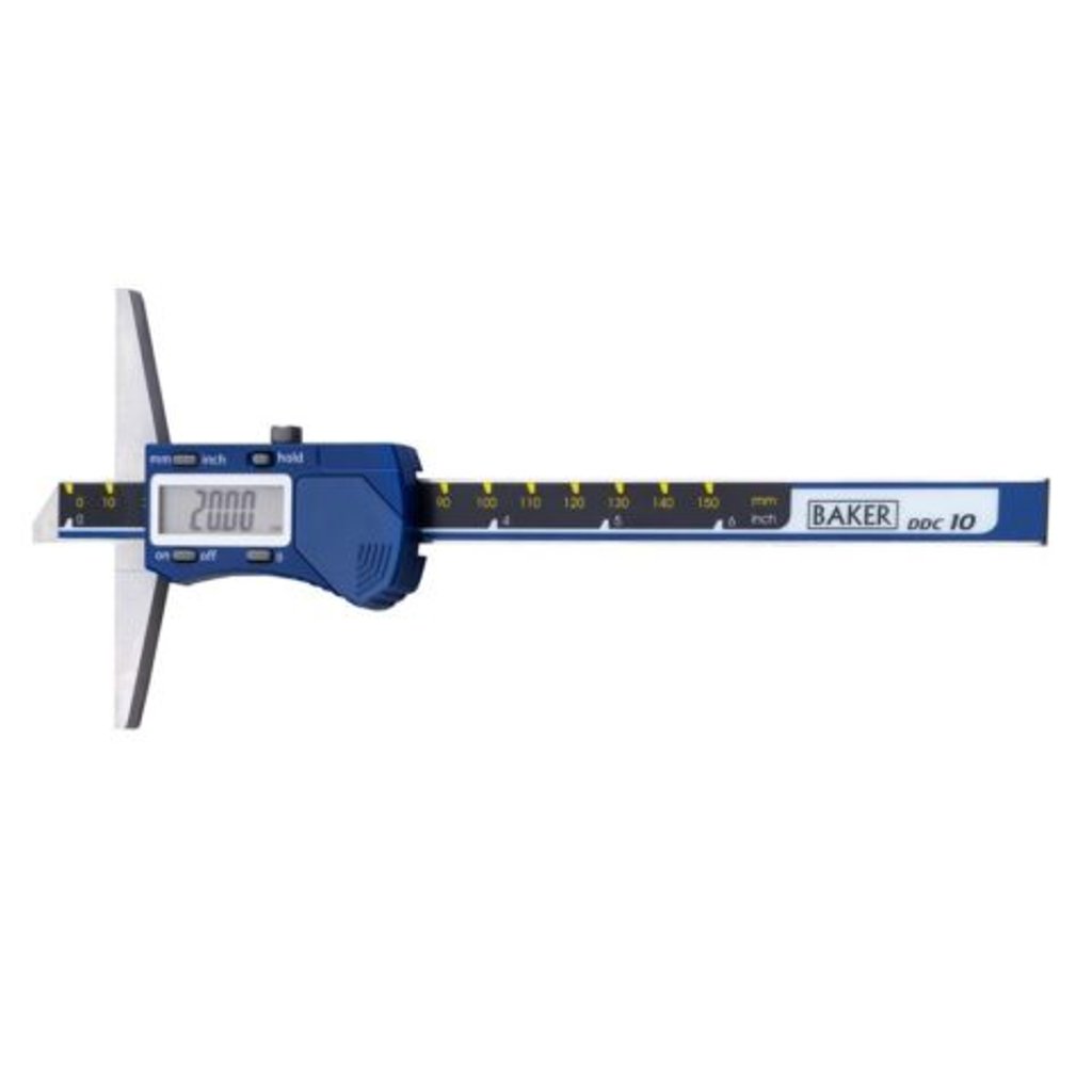 Digital vernier caliper with blue casing on a white background