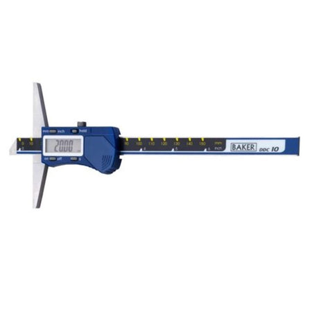 Digital vernier caliper with blue casing on a white background