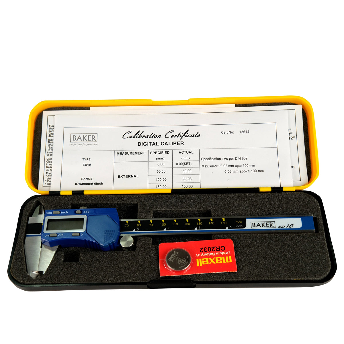 Digital caliper in a yellow and black case with calibration certificate on a white background