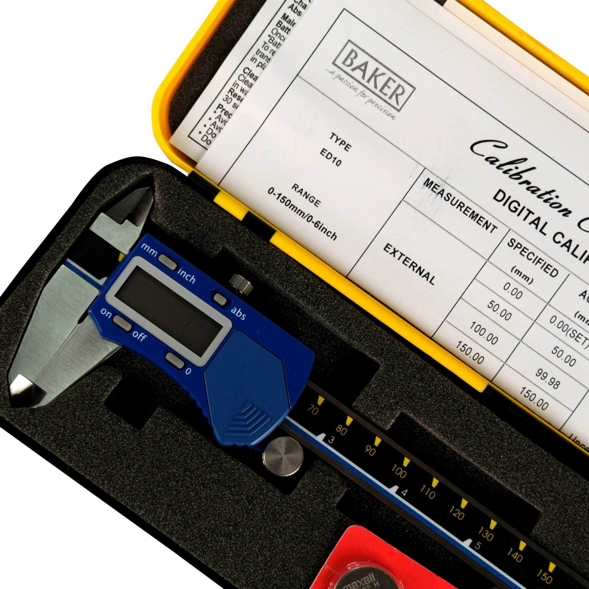 Digital caliper in a foam-lined case with a calibration certificate on a white background