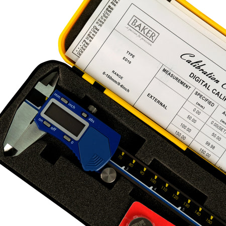 Digital caliper in a foam-lined case with a calibration certificate on a white background