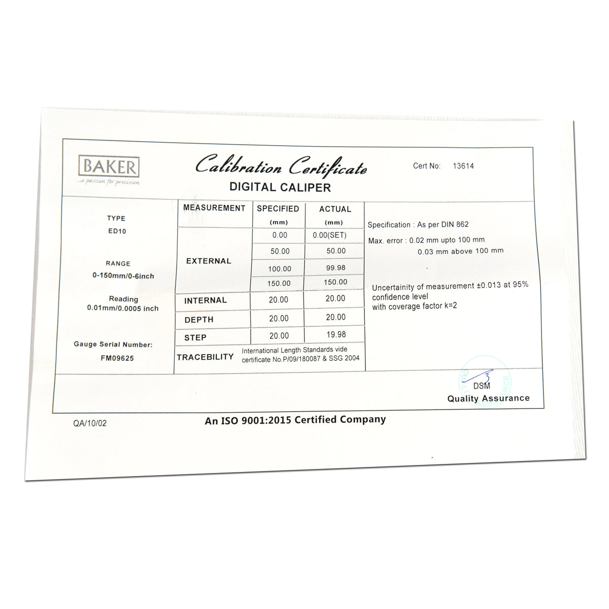 Baker ED10 Digital Caliper Certificate