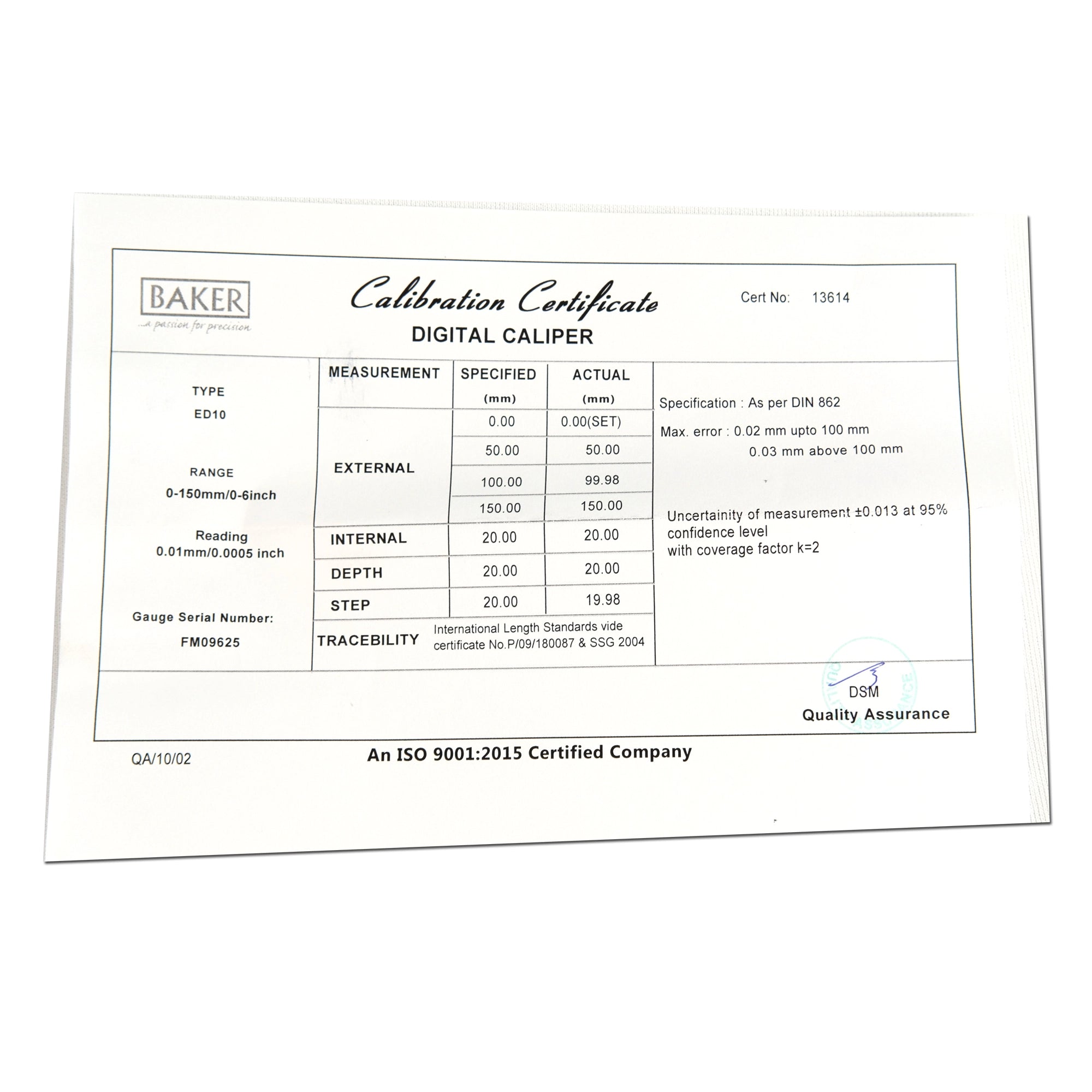 Baker ED10 Digital Caliper Certificate