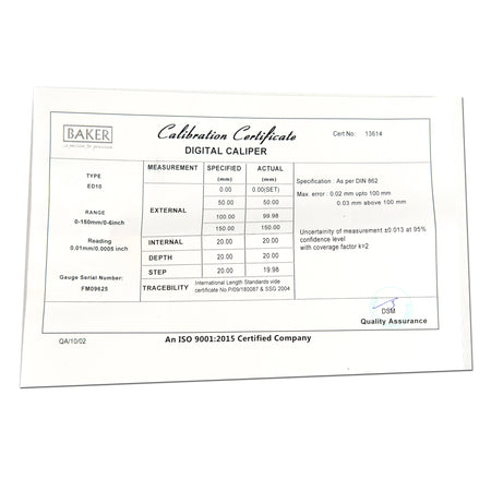 Baker ED10 Digital Caliper Certificate