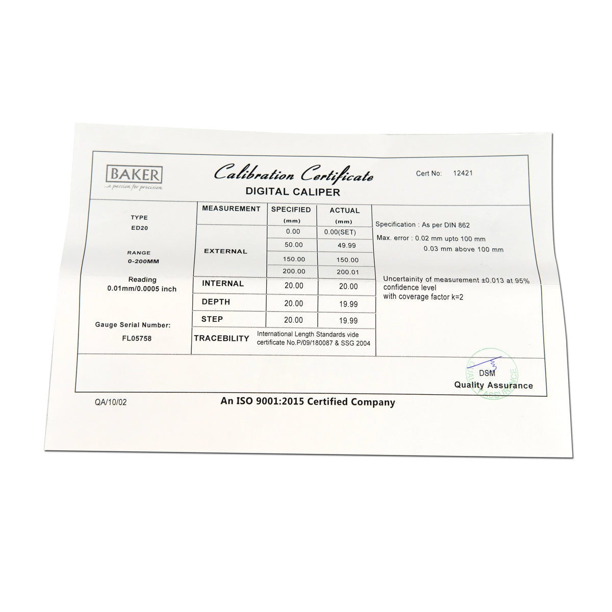 Calibration certificate for a digital caliper on a white background