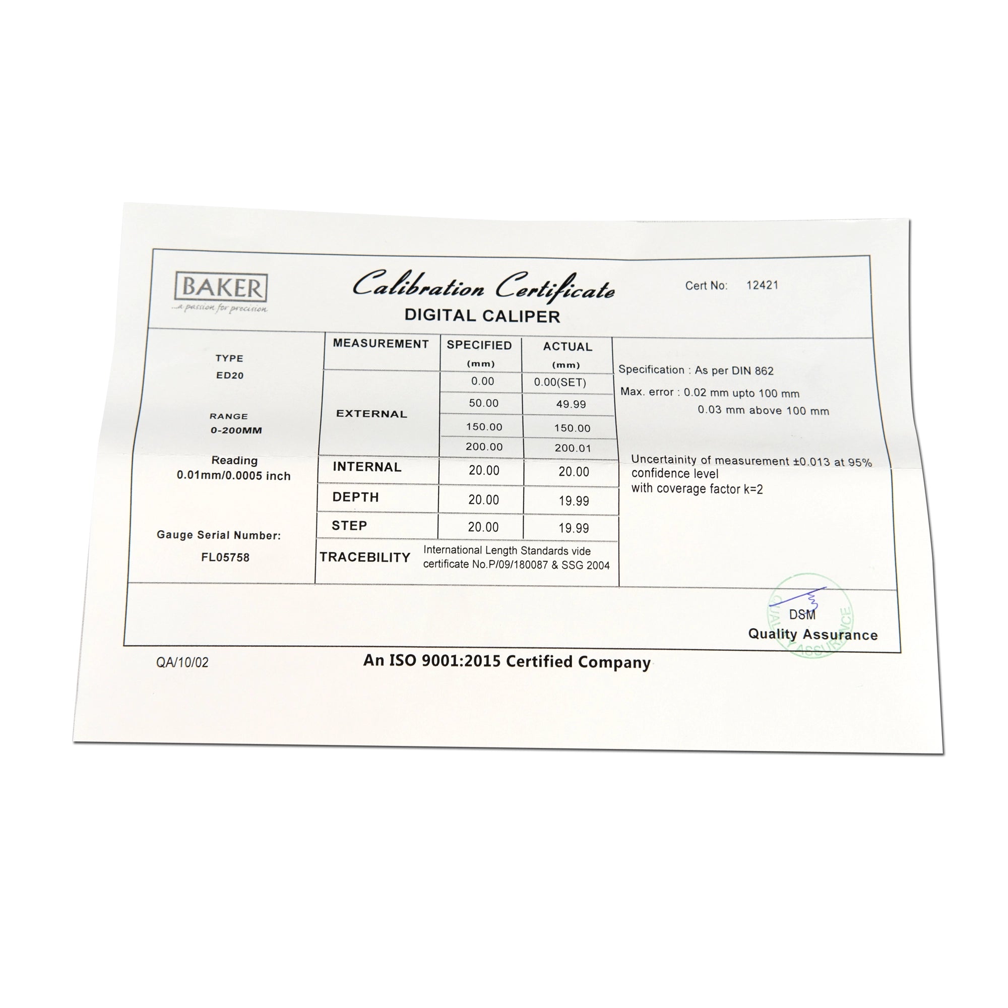 Calibration certificate for a digital caliper on a white background