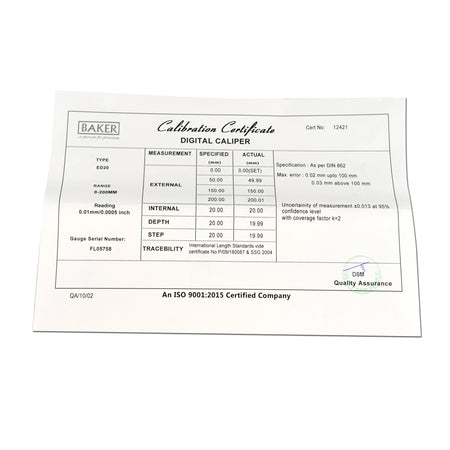 Calibration certificate for a digital caliper on a white background