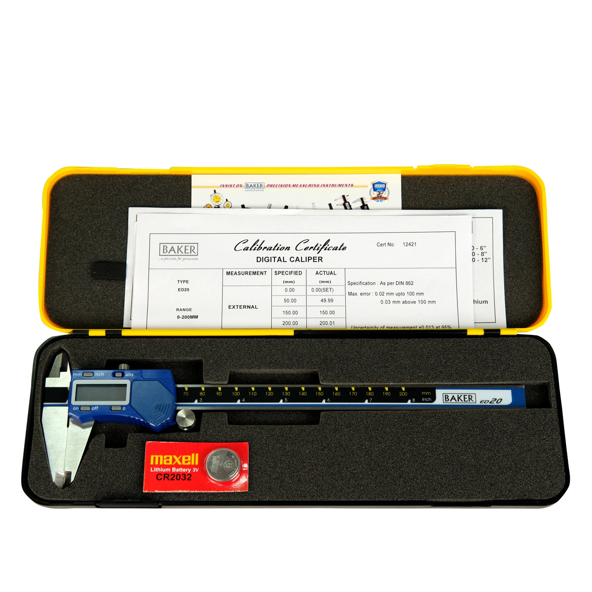 Digital caliper in a black case with a calibration certificate on a white background