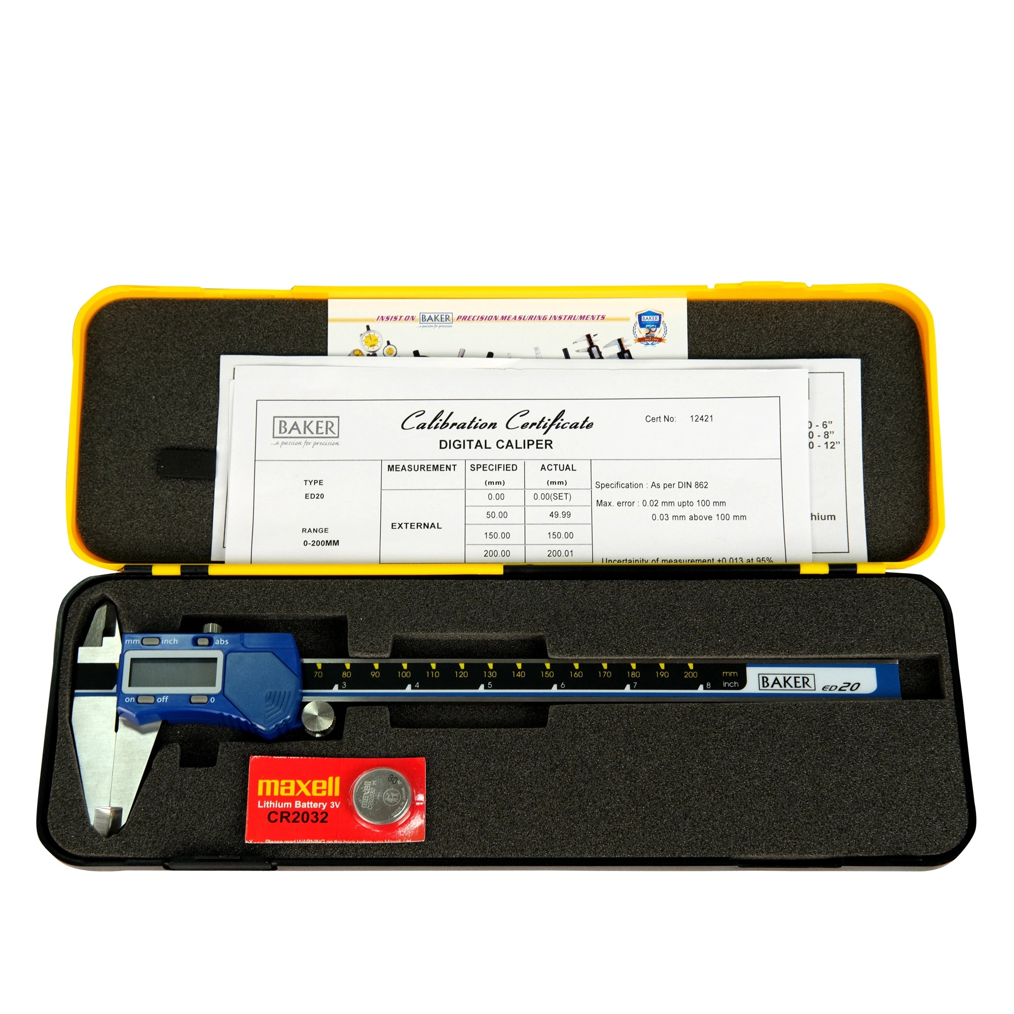 Digital caliper in a black case with a calibration certificate on a white background