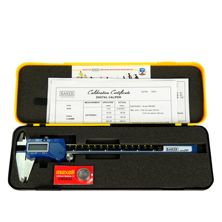Digital caliper in a black case with a calibration certificate on a white background