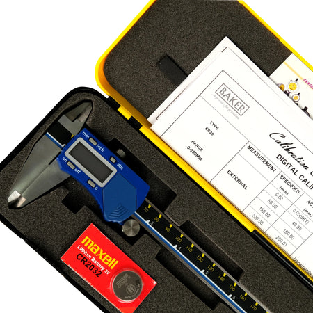Digital caliper in a foam-lined case with a battery and calibration certificate.