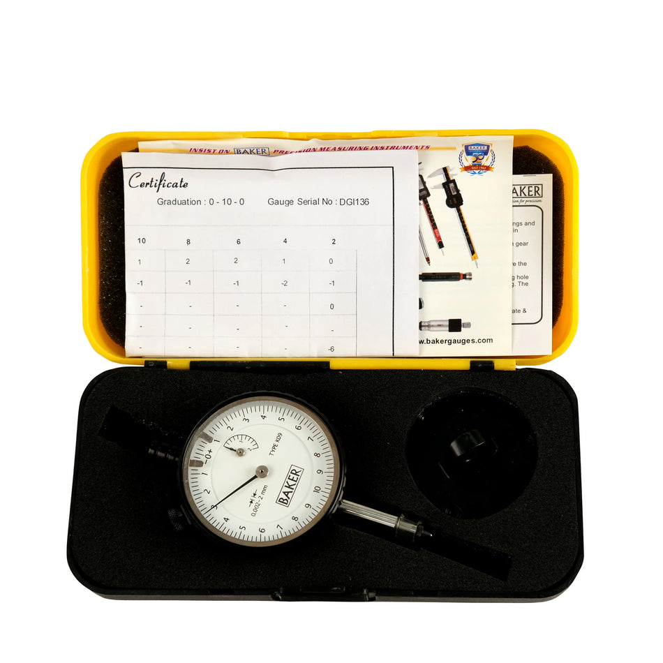 Baker gauge in a yellow case with a certificate inside on a white background